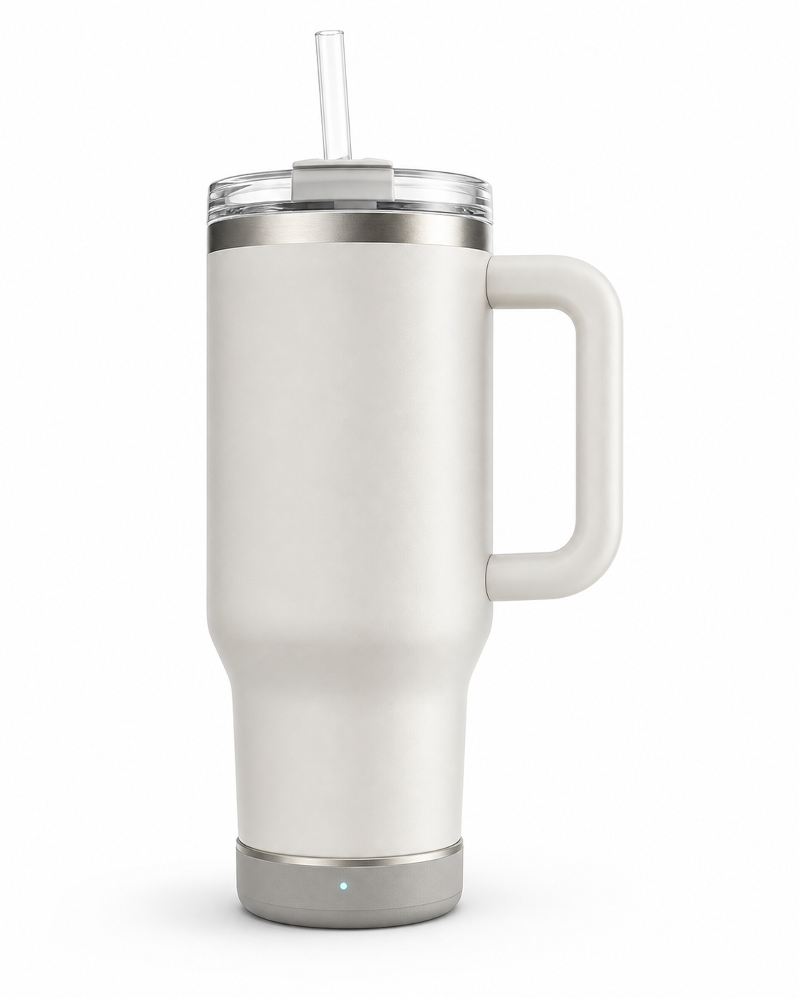 Universal smart hydration base fitted beneath a handled insulated tumbler